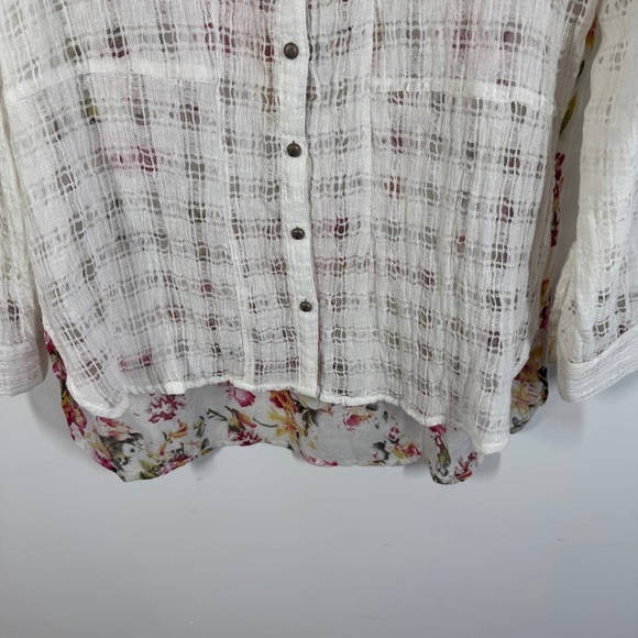 Aratta Silent Journey Button Down Sheer Plaid & Floral Blouse White Pink - Picture 6 of 13